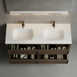 60" Smoked Oak Freestanding Double Sink Bathroom Vanity with White Solid Surface Countertop