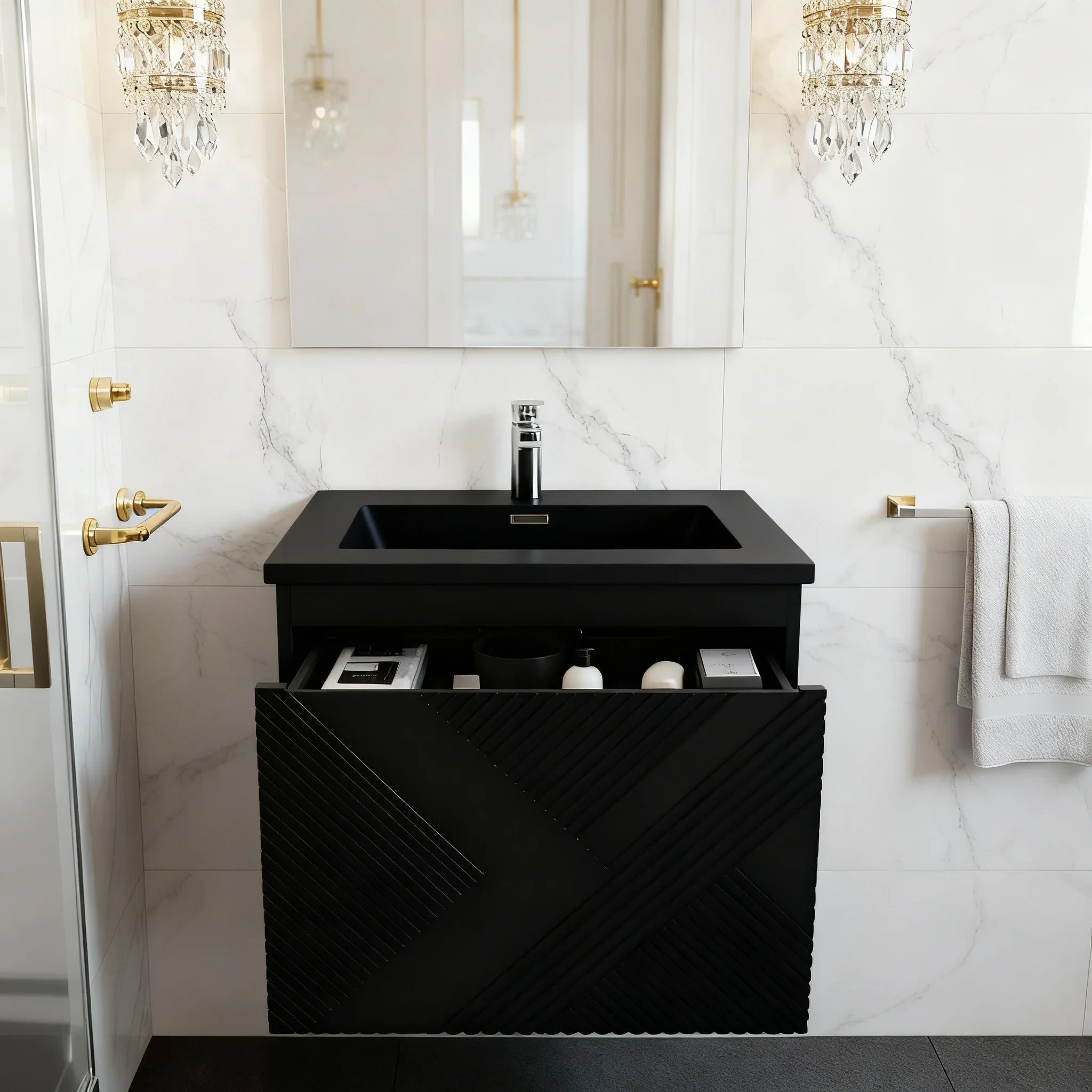 30" Black Wall Mount Bathroom Vanity with Black Engineered Quartz Countertop