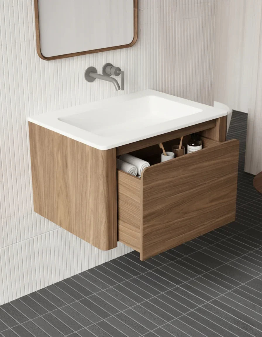 30" Walnut Wall Mount Bathroom Vanity with Matte White Solid Surface Countertop