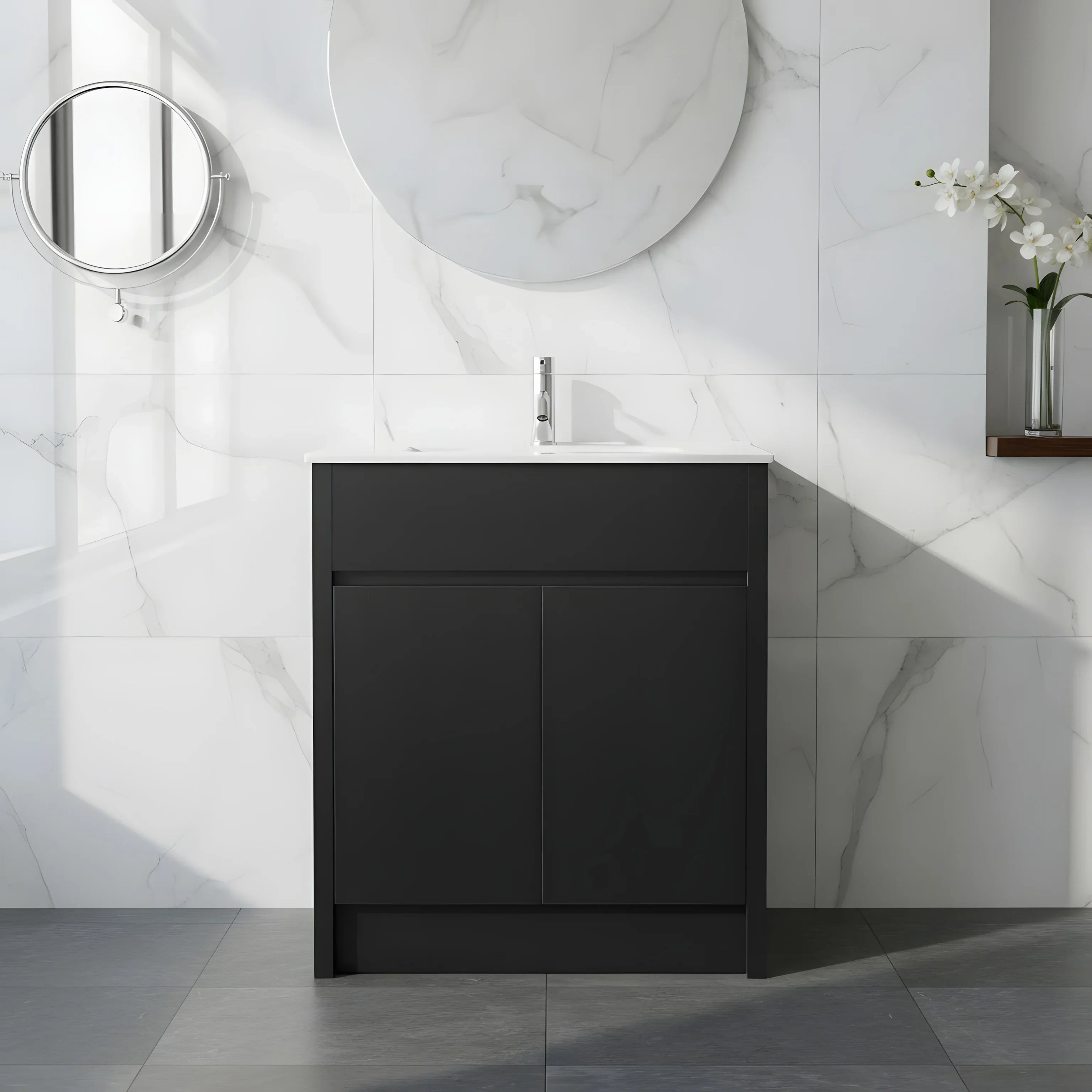 Meuble-Lavabo Autoportant 30po Brun Foncé avec Comptoir de Céramique Blanc