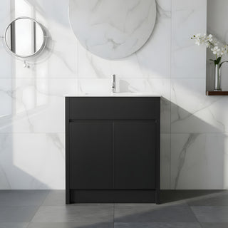 30" Dark Brown Oak Freestanding Bathroom Vanity with White Ceramic Countertop