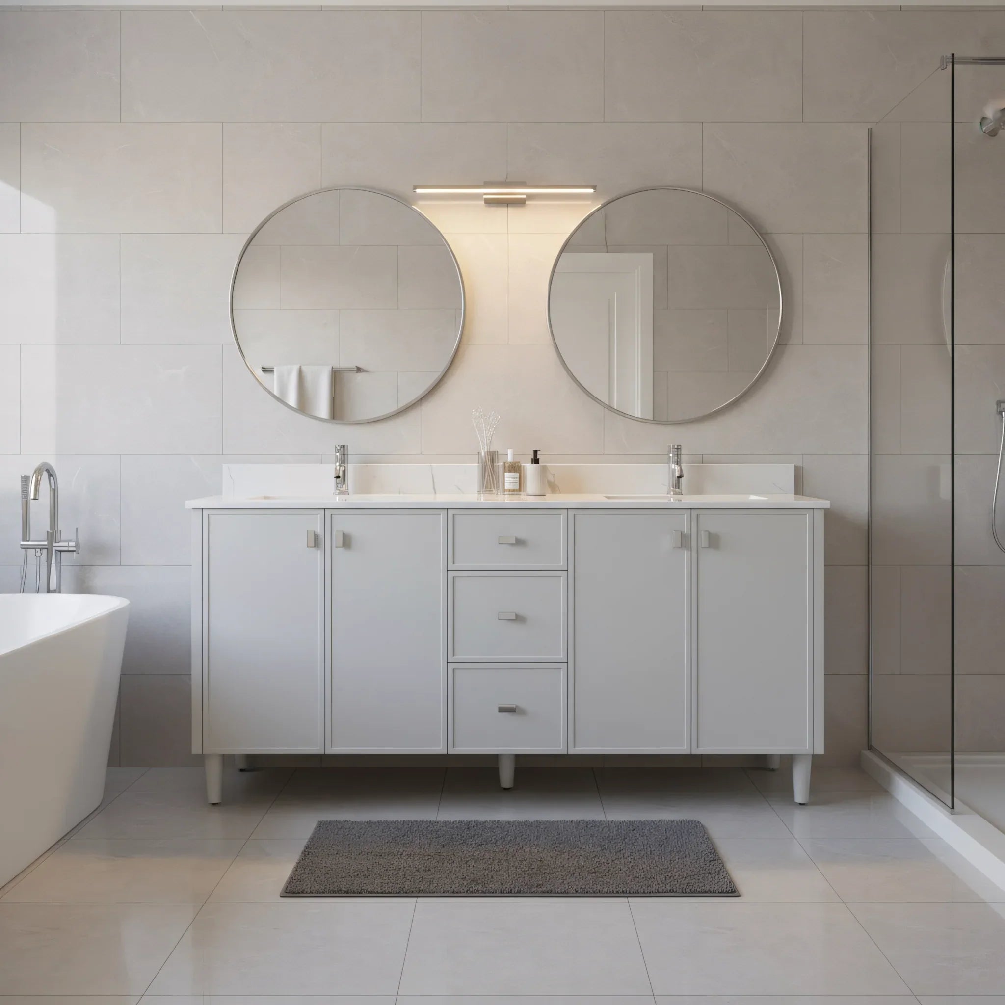 Meuble Lavabo Autoportant 72po Hampton Gris Double Vasque avec Comptoir Marbre Calcutta