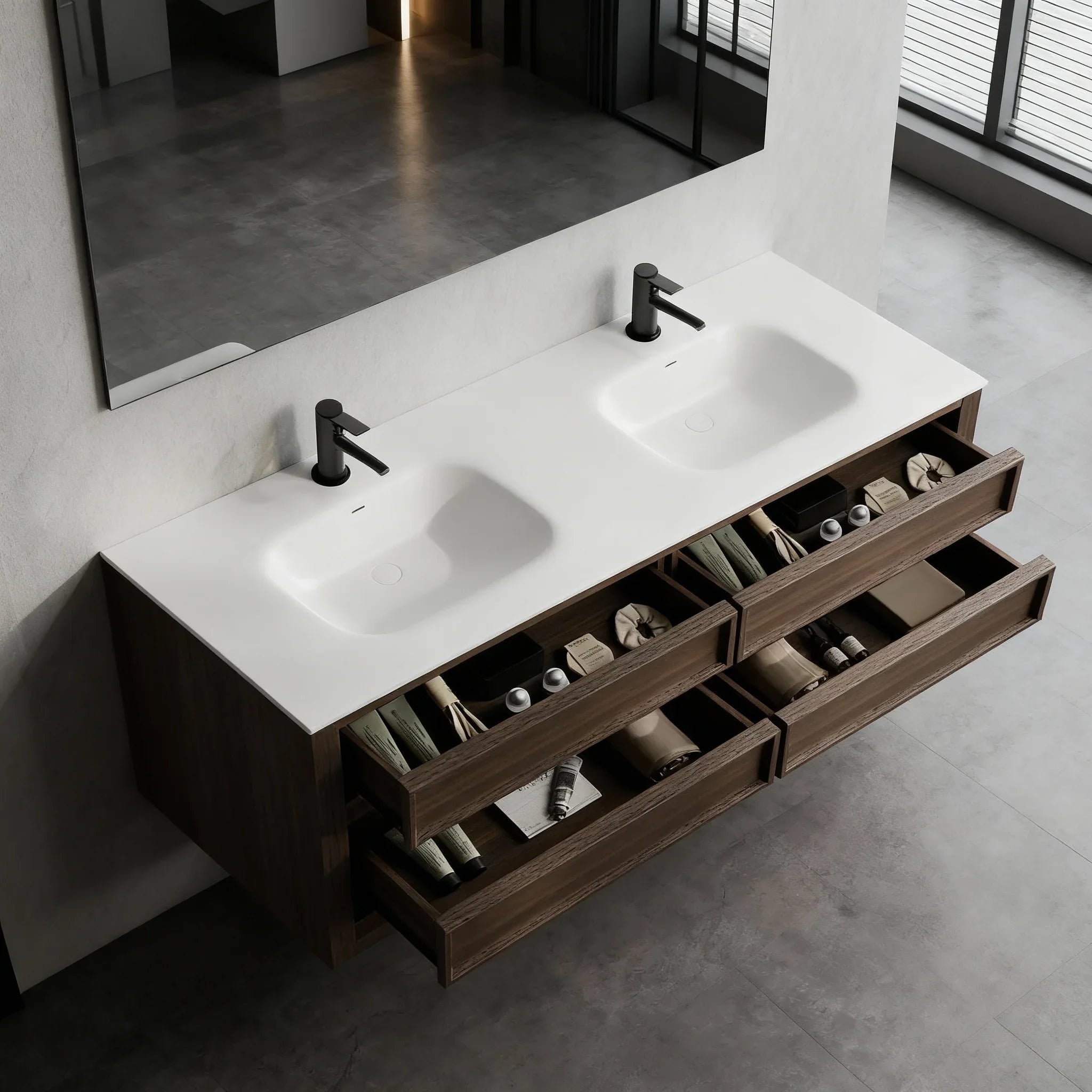 60" Smoked Oak Freestanding Double Sink Bathroom Vanity with White Solid Surface Countertop
