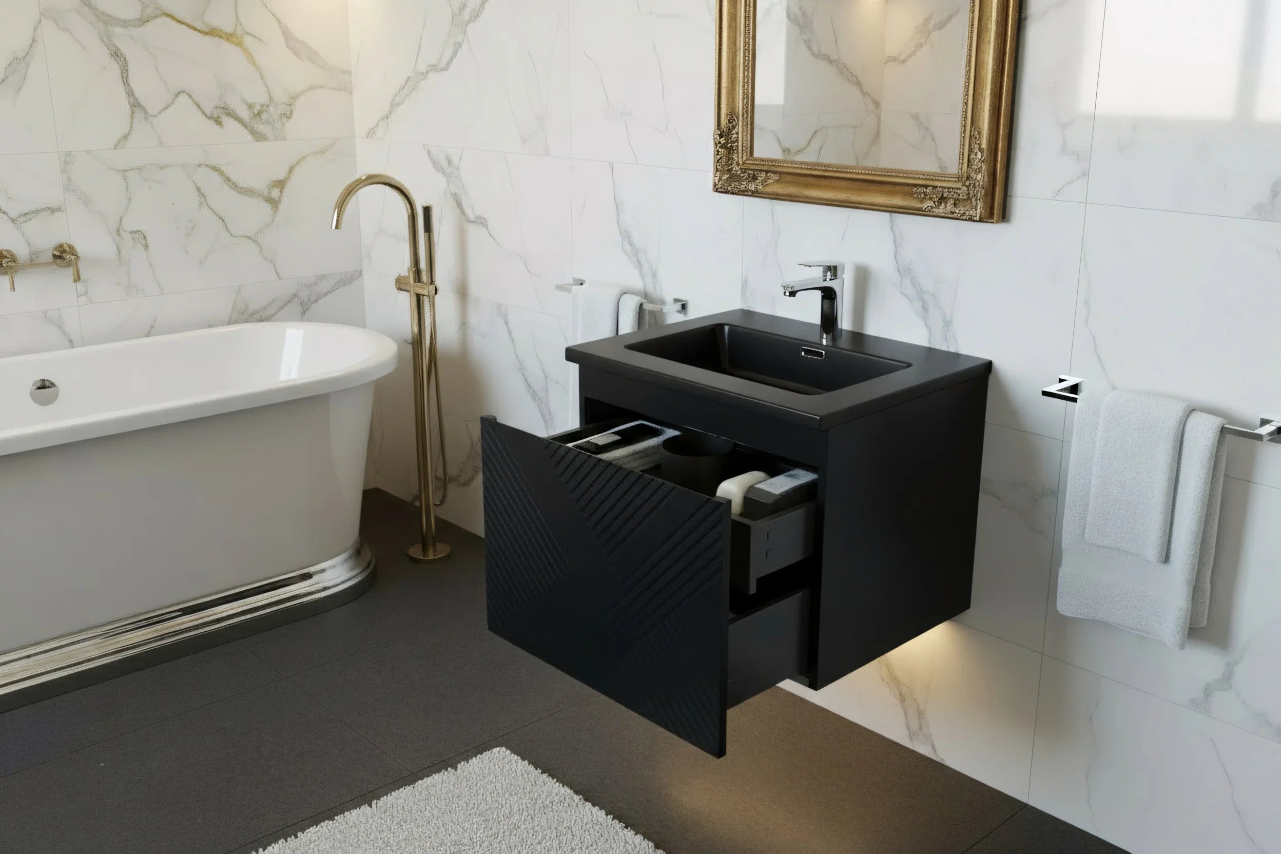30" Black Wall Mount Bathroom Vanity with Black Engineered Quartz Countertop