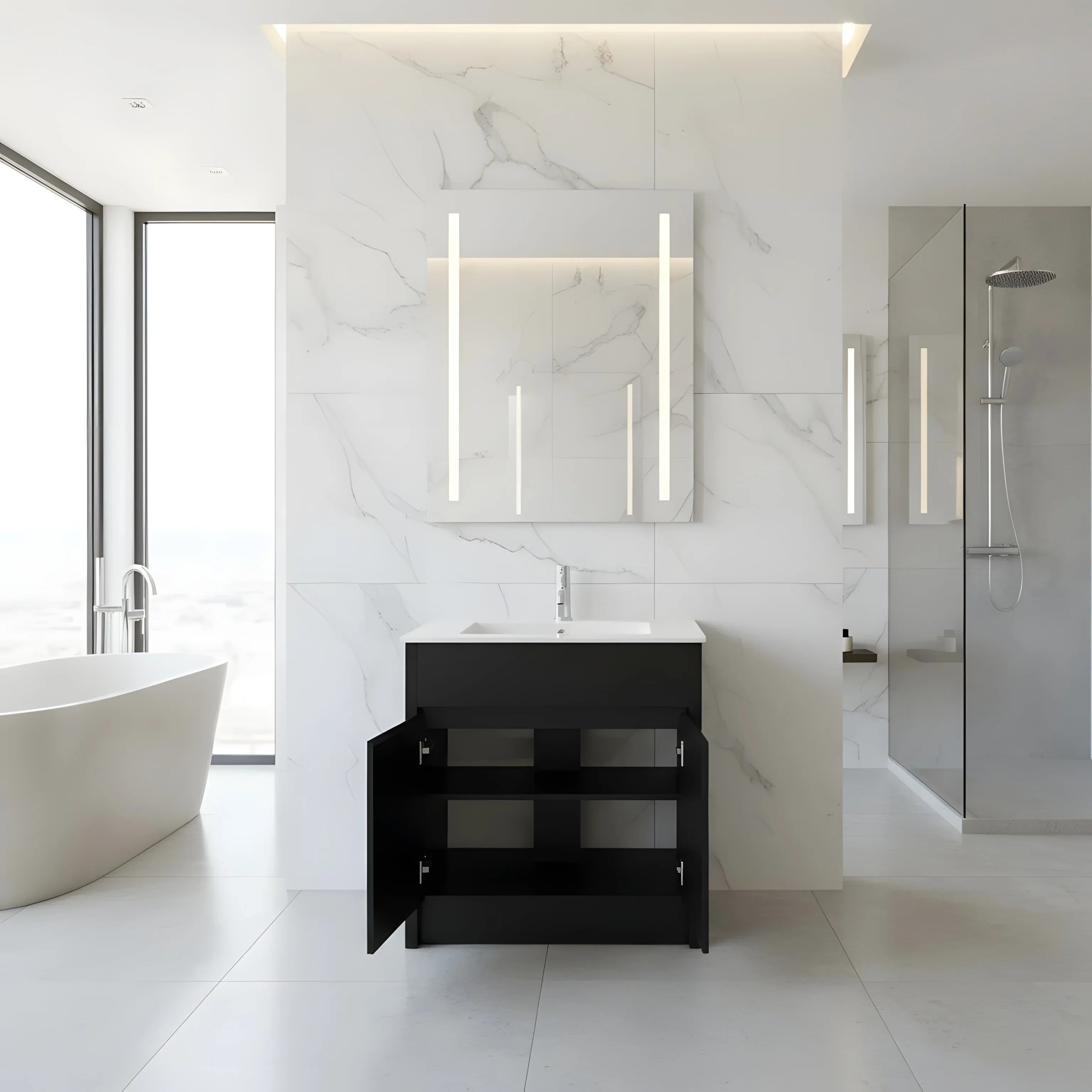 30" Dark Brown Oak Freestanding Bathroom Vanity with White Ceramic Countertop