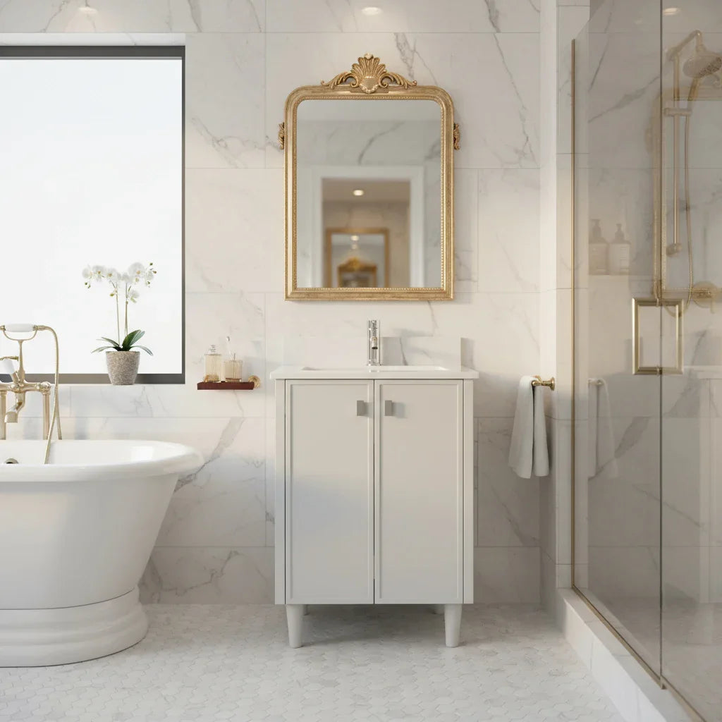 Meuble Lavabo Autoportant 24po Gris Hampton avec Comptoir Marbre Calcutta