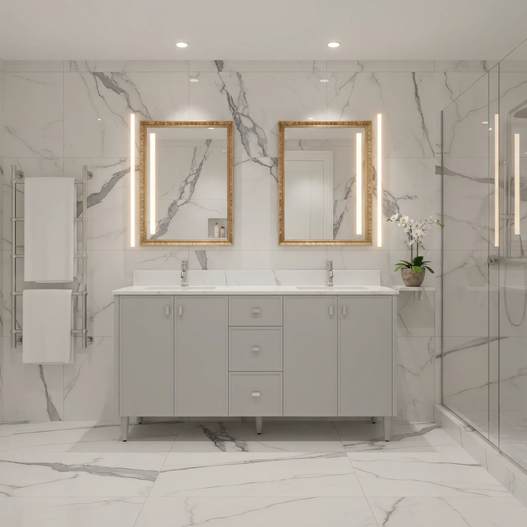 Meuble Lavabo Autoportant 60po Hampton Gris Double Vasque avec Comptoir Marbre Calcutta