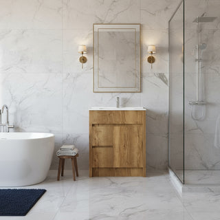 Meuble-Lavabo Autoportant 30po Chêne Givré avec Comptoir de Céramique Blanc