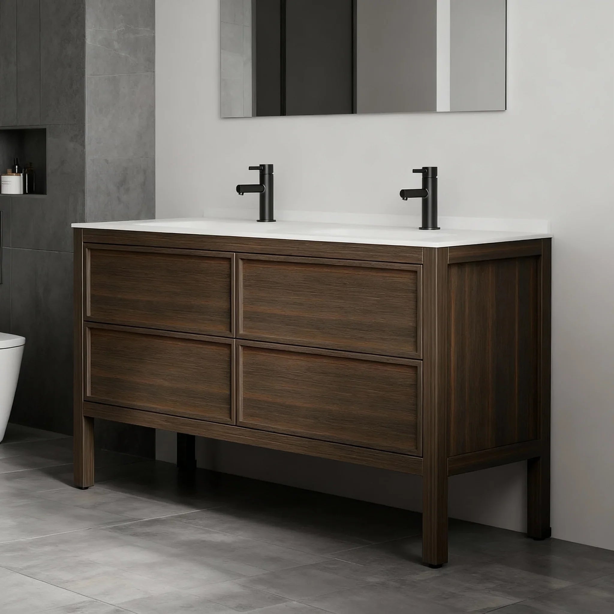 60" Smoked Oak Freestanding Double Sink Bathroom Vanity with White Solid Surface Countertop