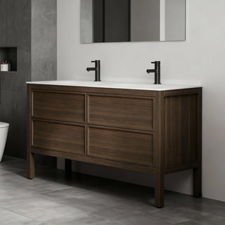 60" Smoked Oak Freestanding Double Sink Bathroom Vanity with White Solid Surface Countertop