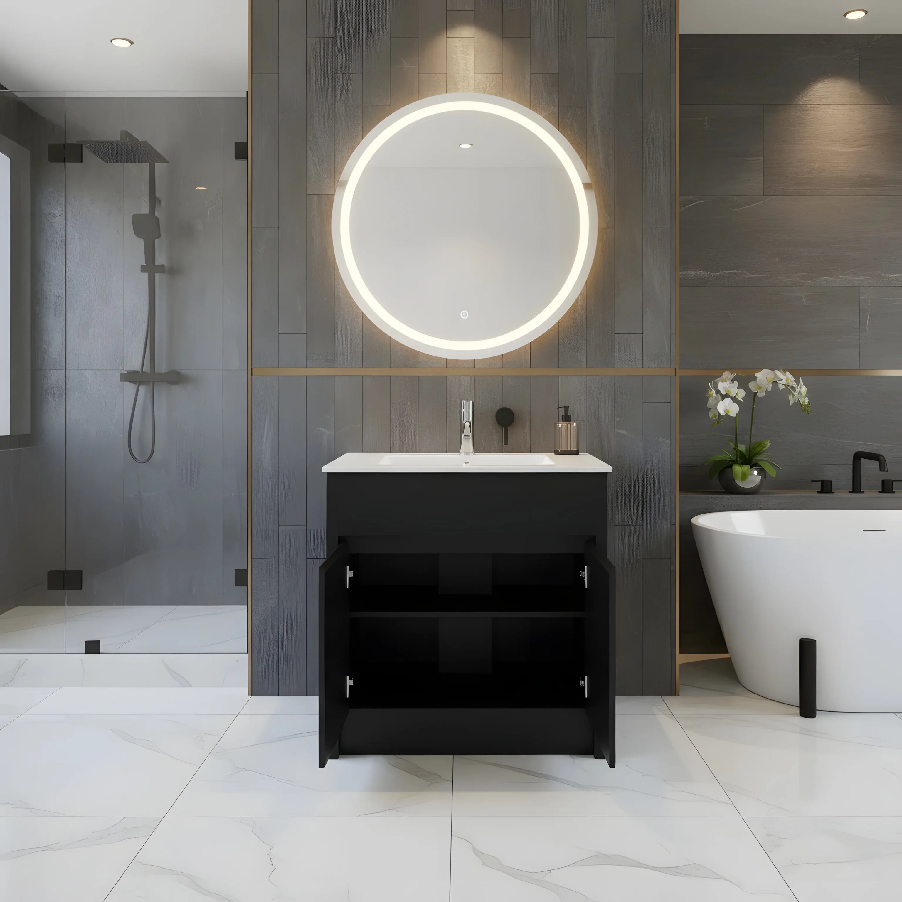 30" Dark Brown Oak Freestanding Bathroom Vanity with White Ceramic Countertop