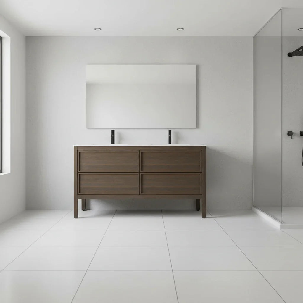 60" Smoked Oak Freestanding Double Sink Bathroom Vanity with White Solid Surface Countertop