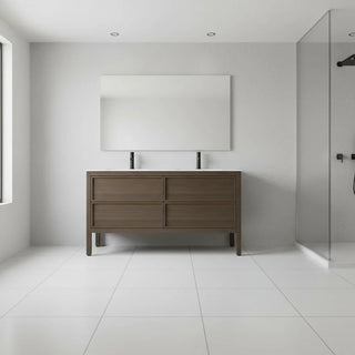 60" Smoked Oak Freestanding Double Sink Bathroom Vanity with White Solid Surface Countertop