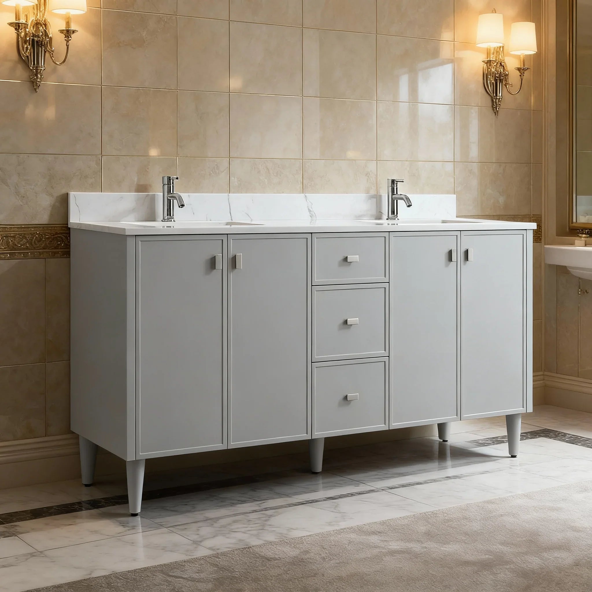 Meuble Lavabo Autoportant 60po Hampton Gris Double Vasque avec Comptoir Marbre Calcutta
