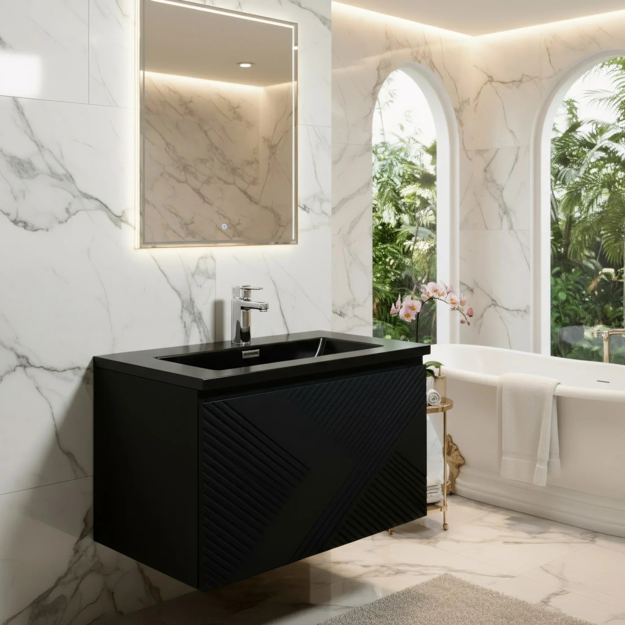 30" Black Wall Mount Bathroom Vanity with Black Engineered Quartz Countertop