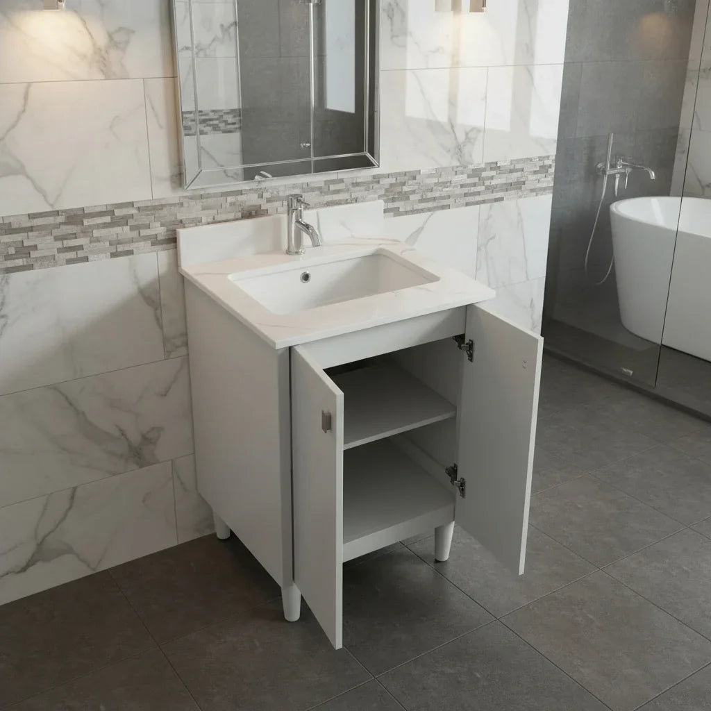 Meuble Lavabo Autoportant 24po Gris Hampton avec Comptoir Marbre Calcutta