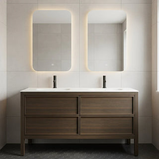 60" Smoked Oak Freestanding Double Sink Bathroom Vanity with White Solid Surface Countertop