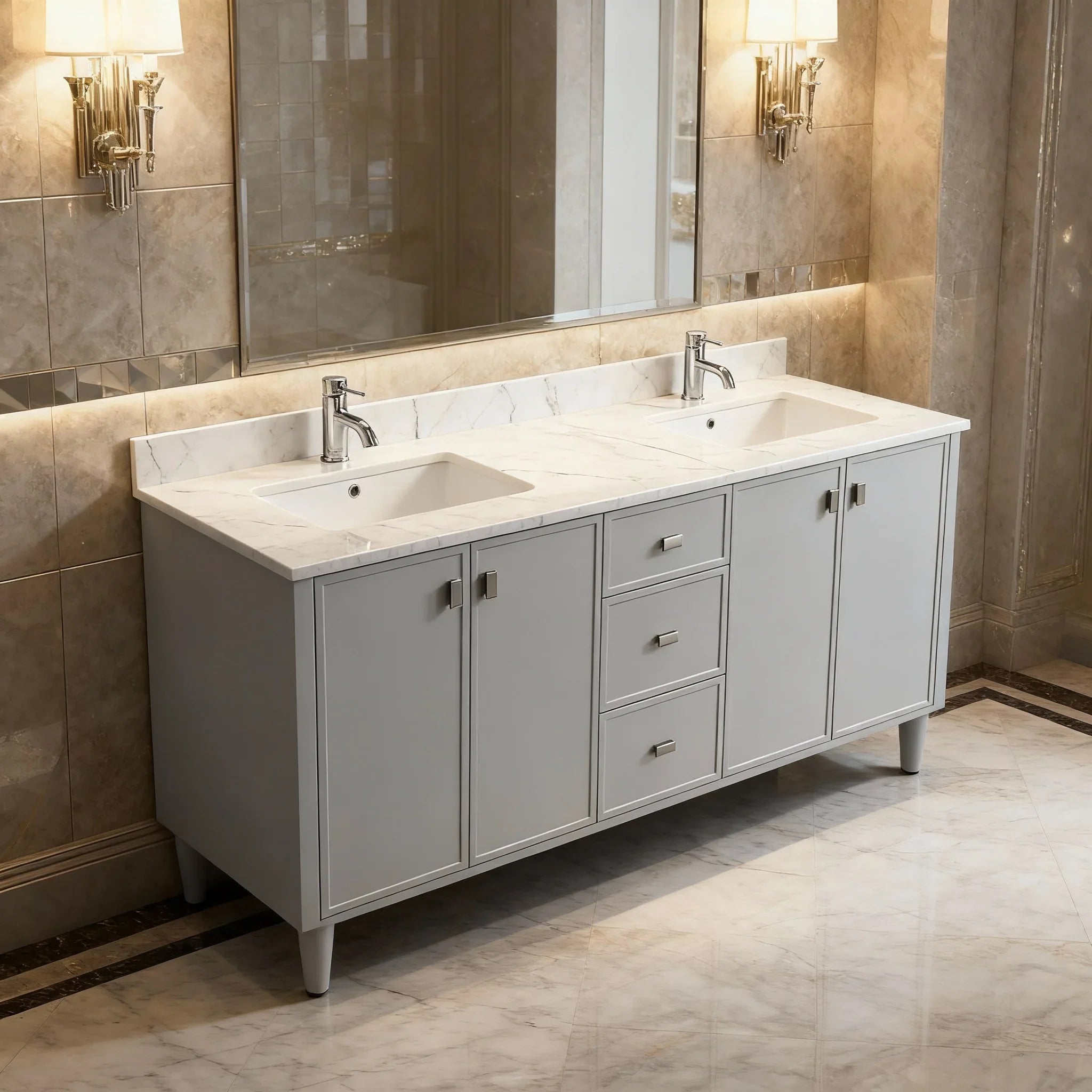 Meuble Lavabo Autoportant 72po Hampton Gris Double Vasque avec Comptoir Marbre Calcutta