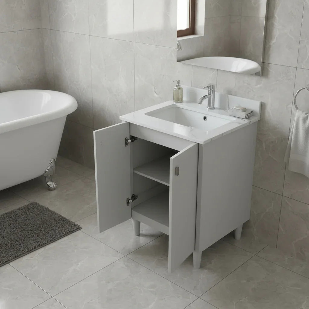Meuble Lavabo Autoportant 24po Gris Hampton avec Comptoir Marbre Calcutta