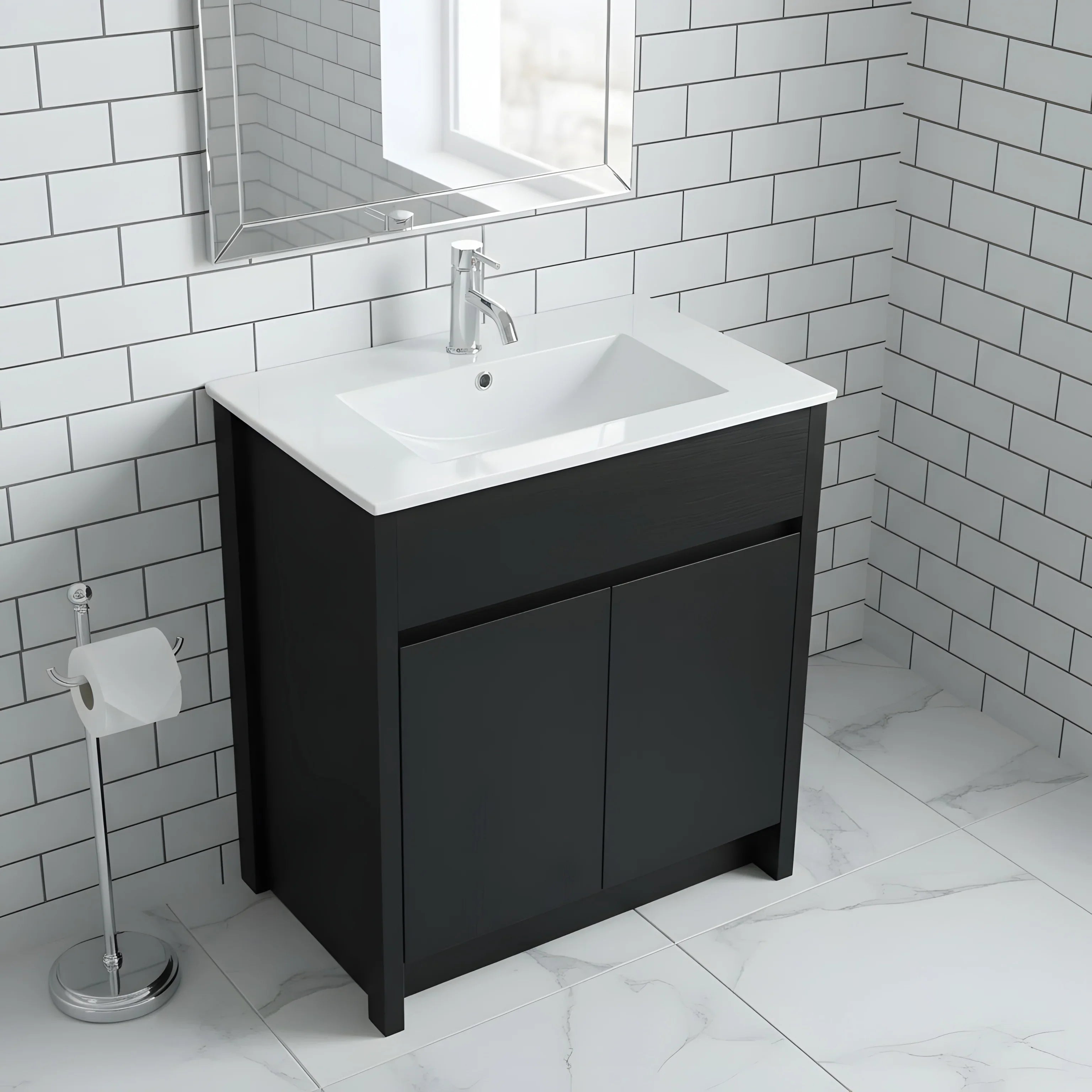 30" Dark Brown Oak Freestanding Bathroom Vanity with White Ceramic Countertop