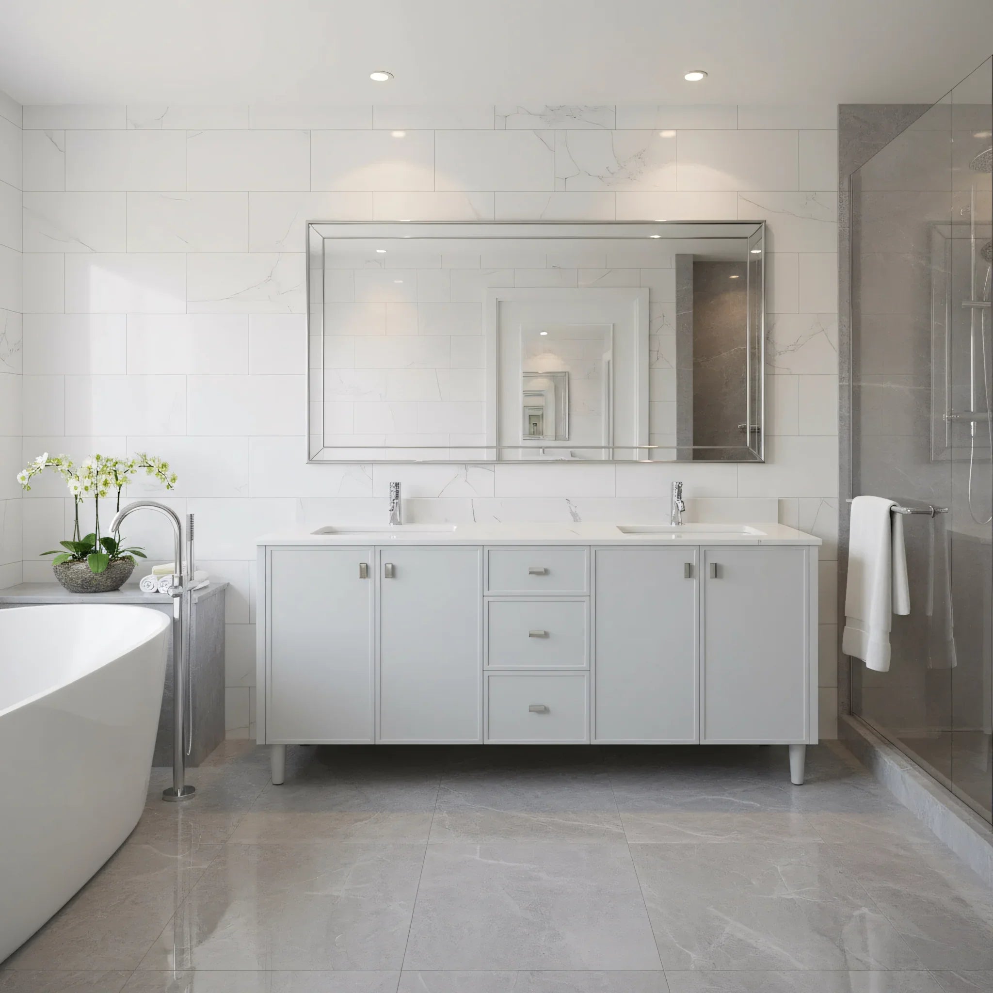 Meuble Lavabo Autoportant 72po Hampton Gris Double Vasque avec Comptoir Marbre Calcutta