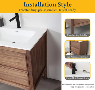 30" Natural Walnut Freestanding Bathroom Vanity with White Solid surface Countertop