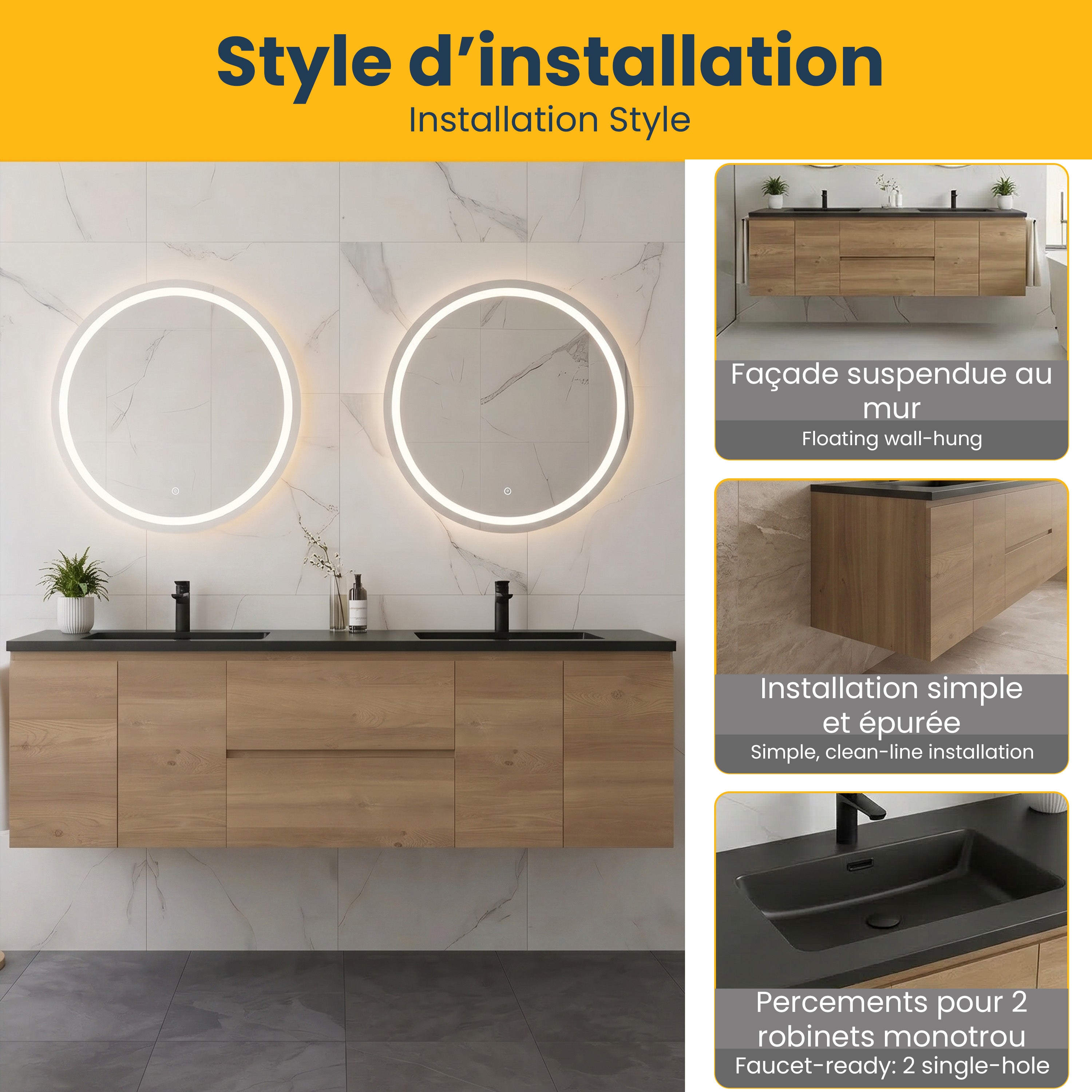 72" Rough Oak Wall Mount Double Sink Bathroom Vanity with Black Quartz Countertop
