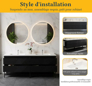 Meuble-lavabo double noir de 72" à fixer au mur avec Comptoir en polymarbre blanc