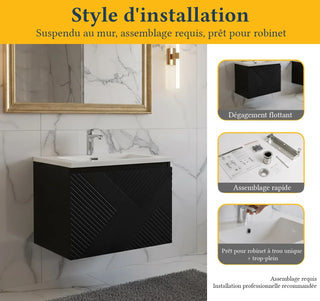 Meuble-lavabo mural noir 24" avec Comptoir en polymarbre blanc