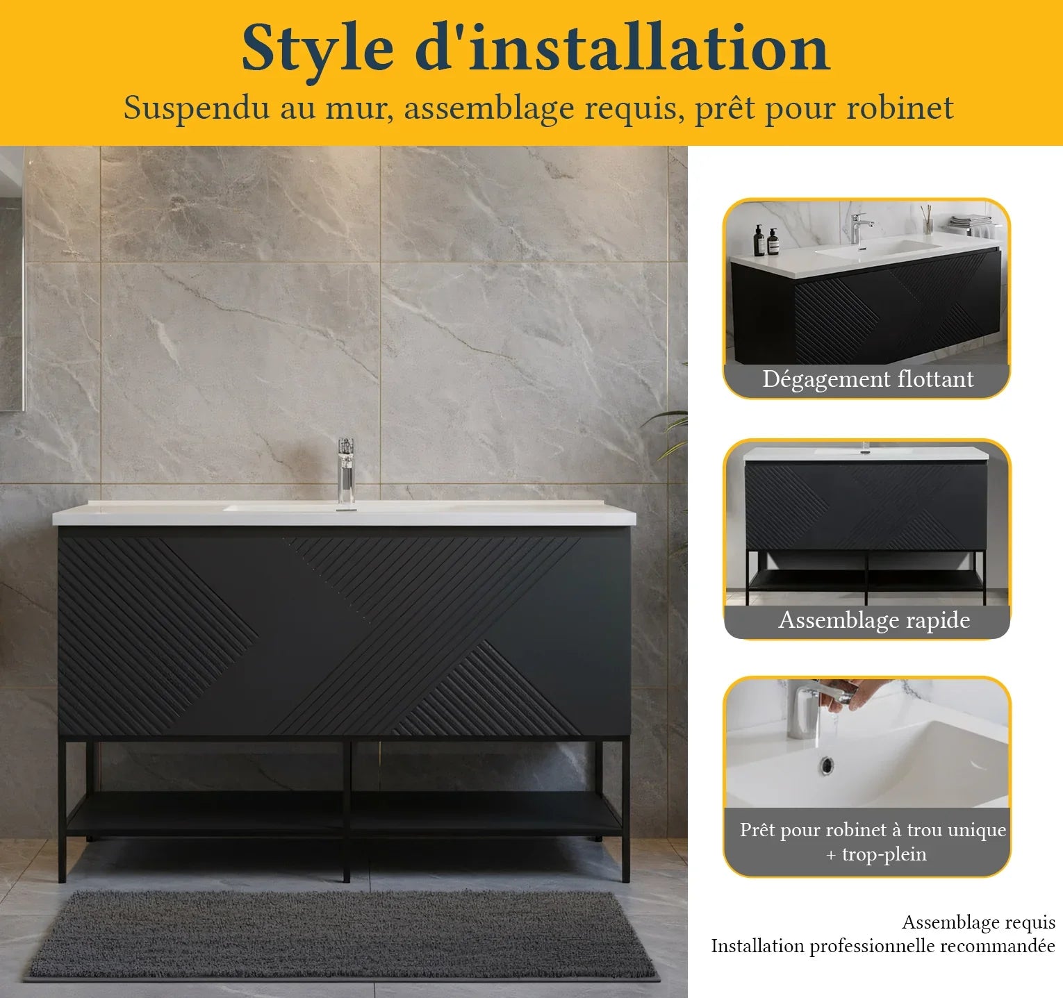 48" Black Wall Mount Bathroom Vanity with White Polymarble Countertop