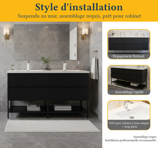 Meuble-lavabo mural noir 60" avec Comptoir en polymarbre blanc