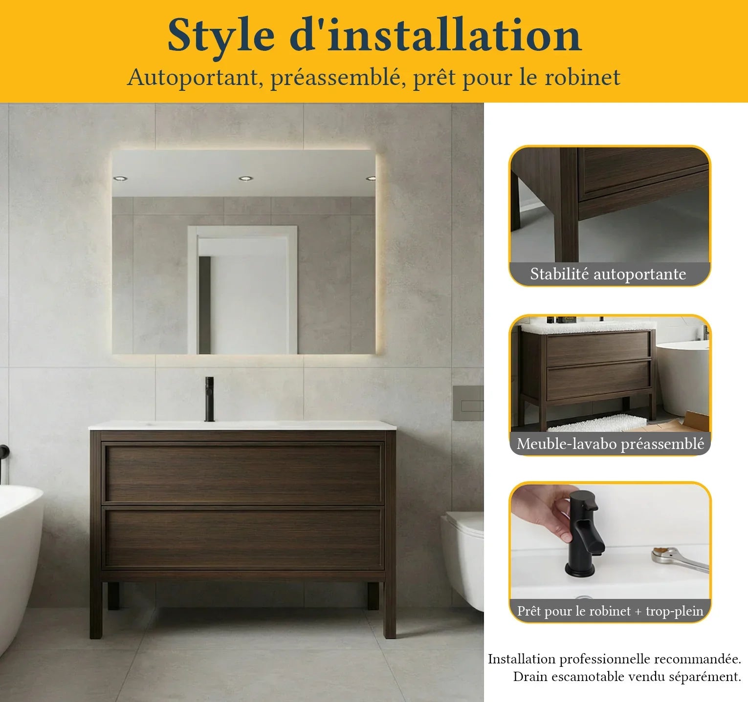 Meuble-Lavabo Autoportant 48po Chêne Fumé avec Comptoir de Surface Solide Blanc