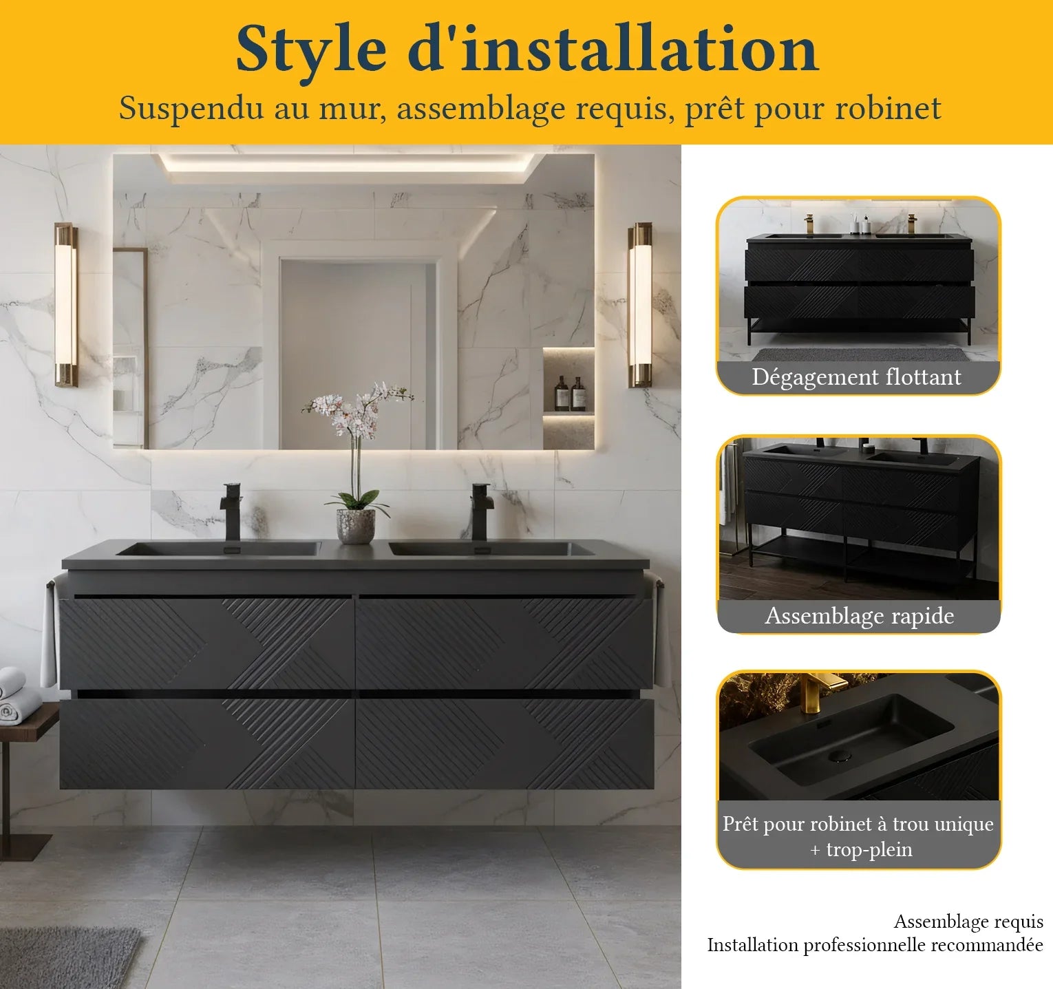 Meuble-lavabo mural noir 60" avec Comptoir en quartz technique noir