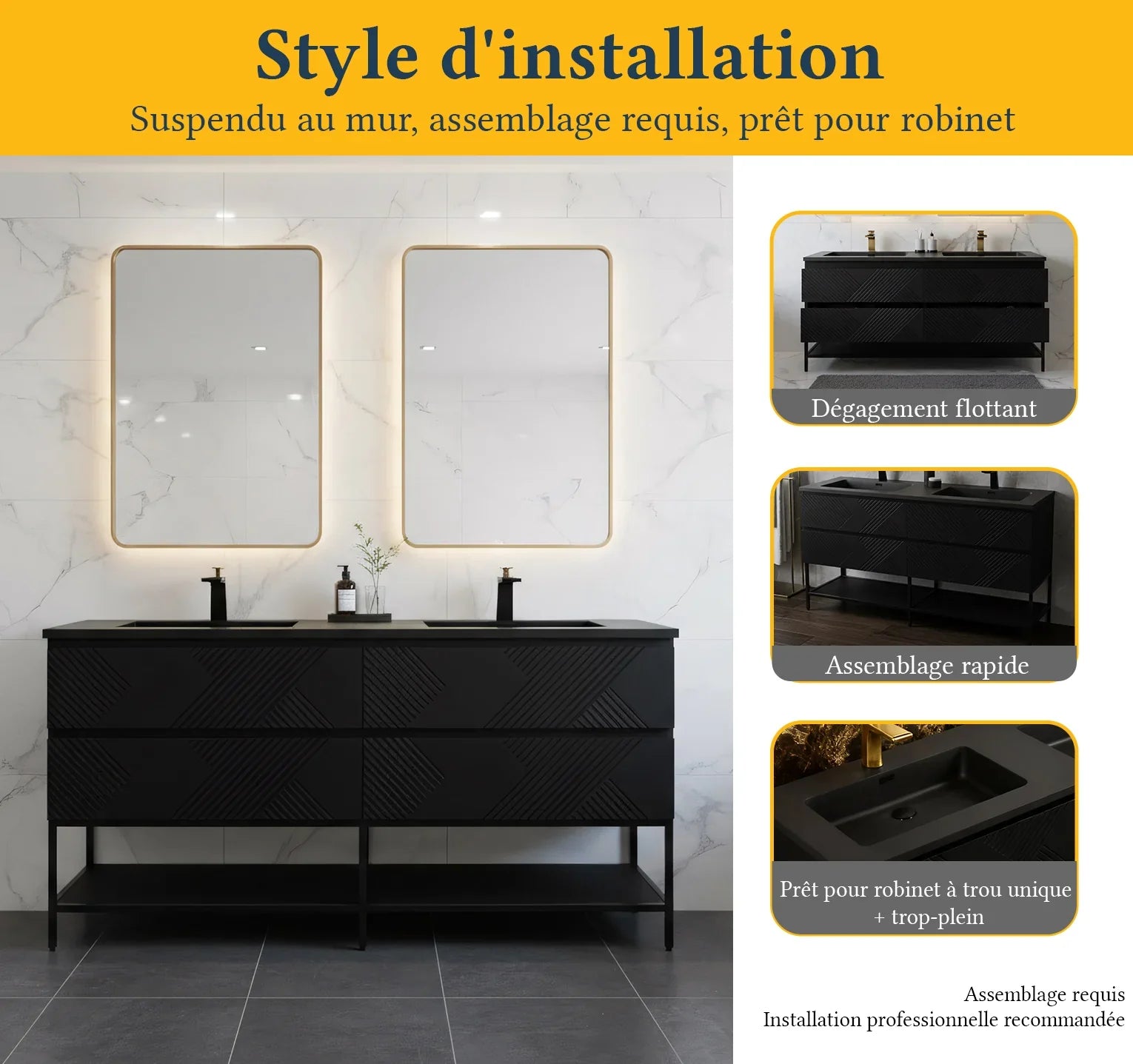 Meuble-Lavabo Double Mural 72po Noir avec Comptoir de Quartz d'ingénierie Noir