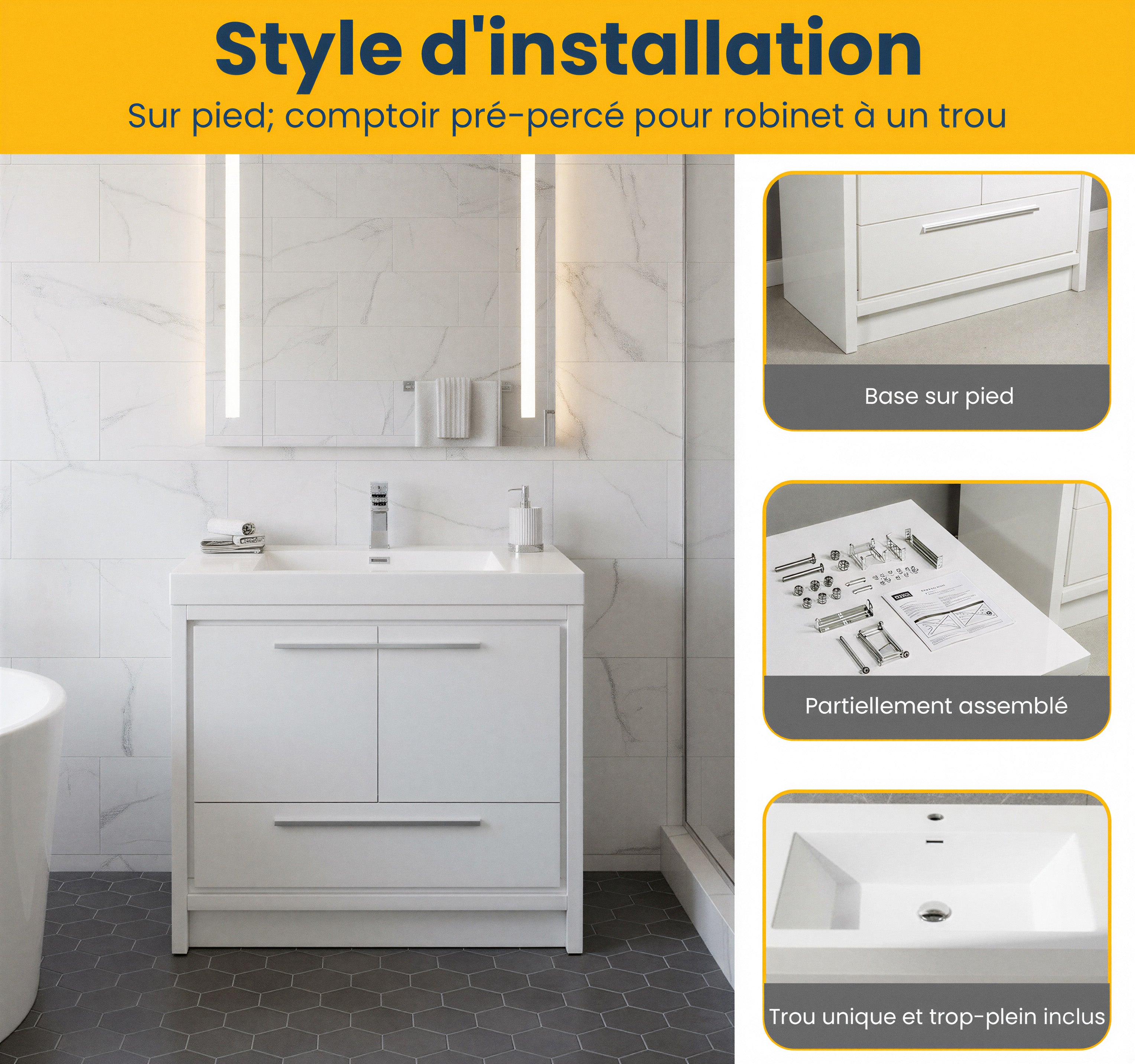 Meuble-Lavabo Autoportant 36po Blanc Brillant avec Comptoir de Polymarbre Blanc 