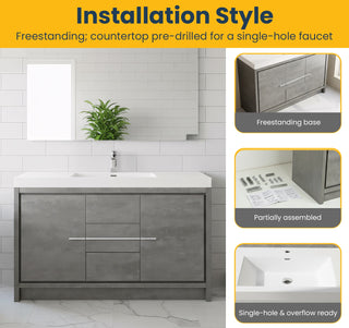 60" Cement Freestanding Single Sink Bathroom Vanity with White Polymarble Countertop
