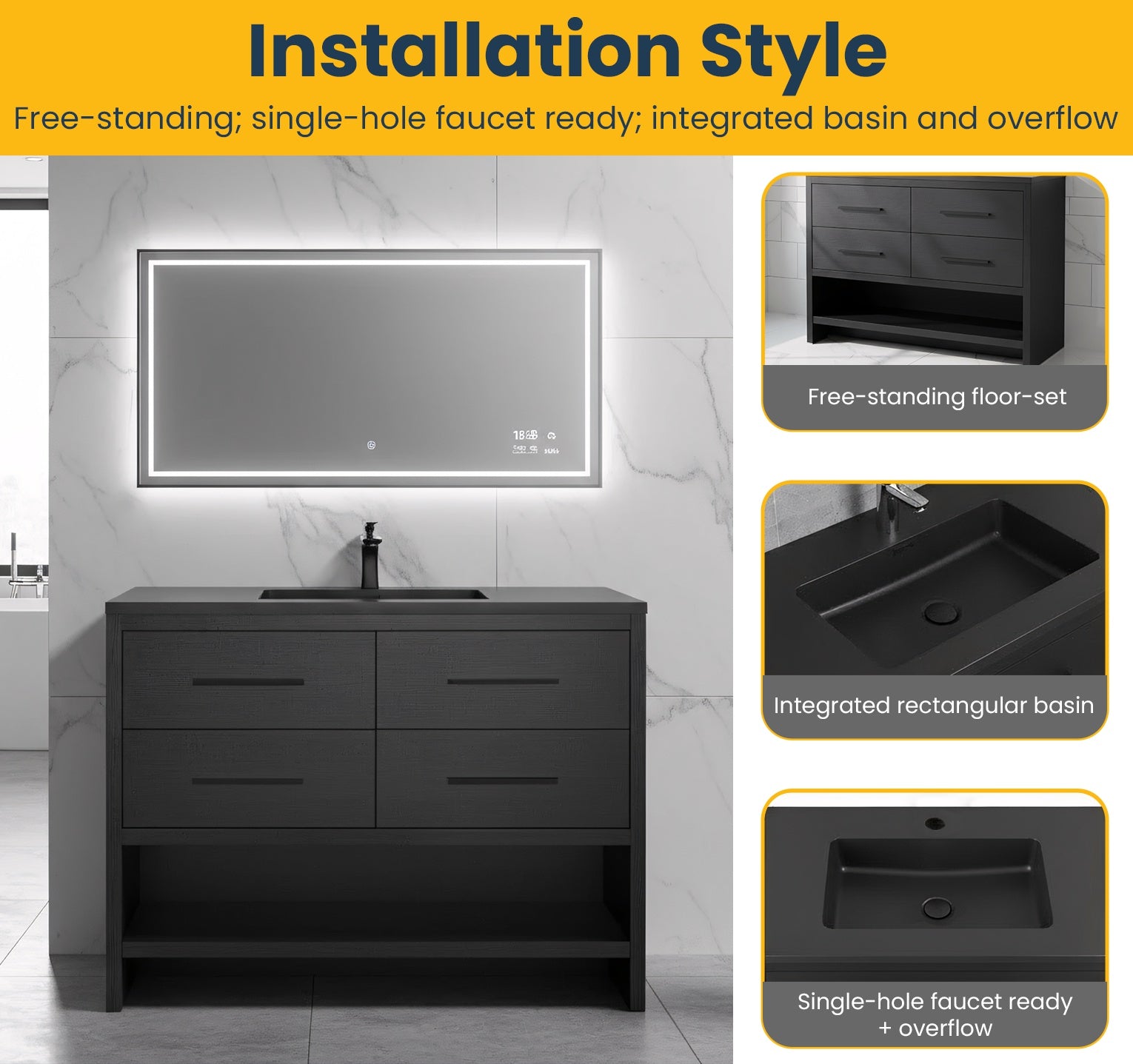 48" Black Rough Oak Freestanding Bathroom Vanity with Black Engineered Quartz Countertop