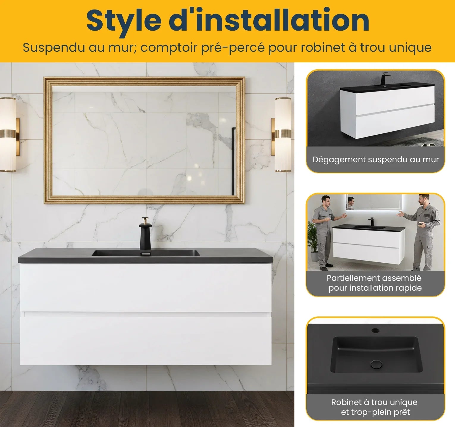 48" White Wall Mount Single Sink Bathroom Vanity with Black Engineered Quartz Countertop