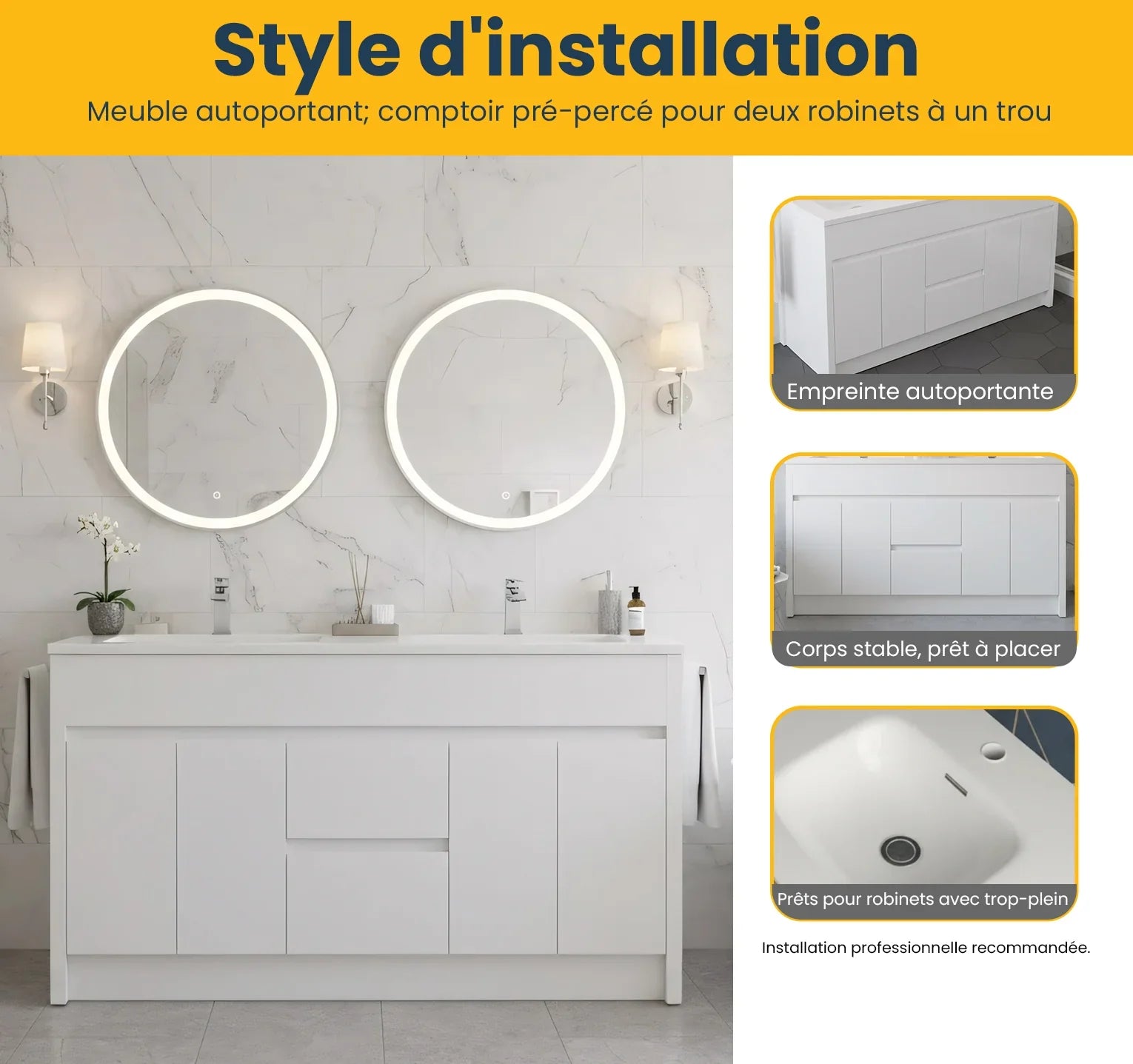 Meuble-Lavabo Autoportant 60po Blanc Mat avec Comptoir de Polymarbre Blanc