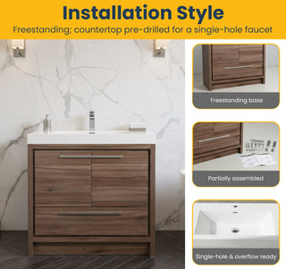 36" Walnut Freestanding Bathroom Vanity with White Polymarble Countertop