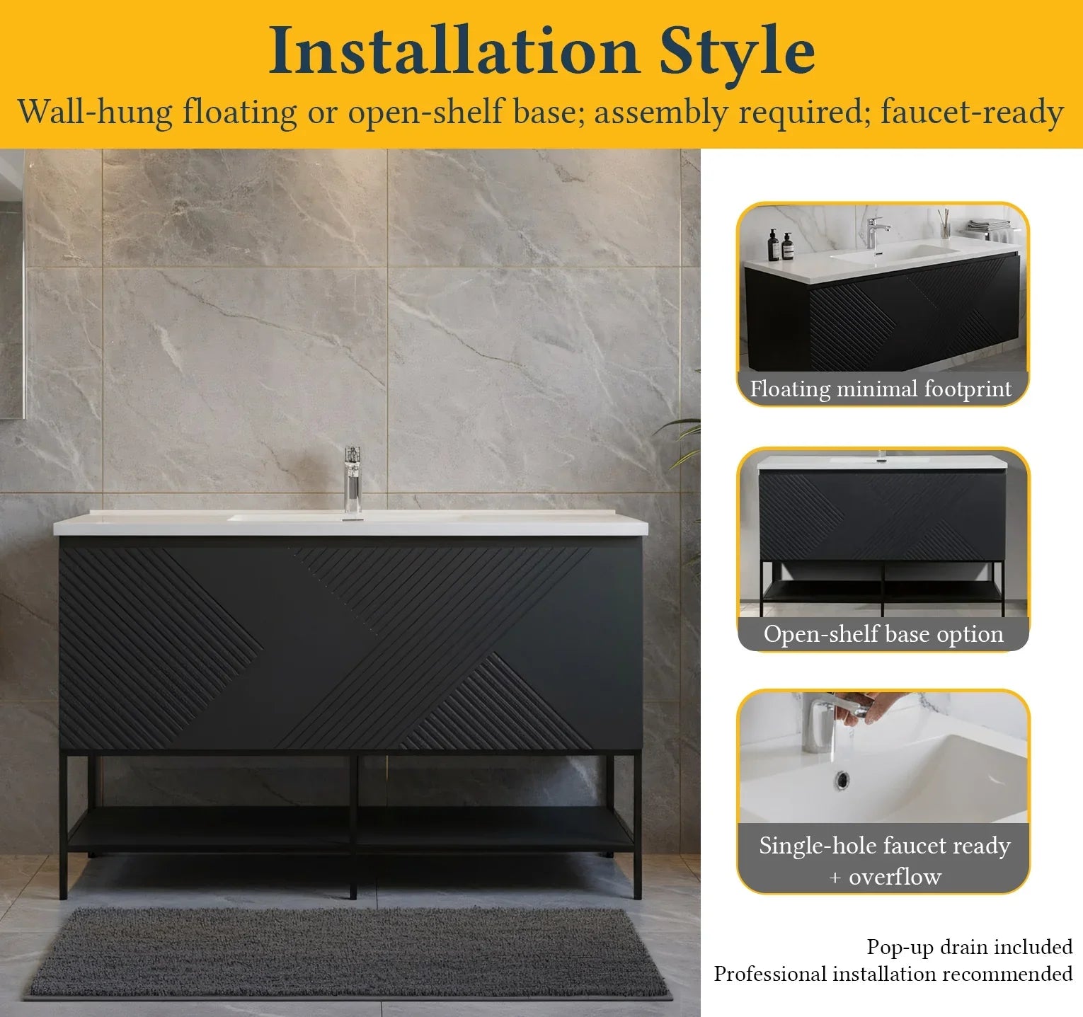 48" Black Wall Mount Bathroom Vanity with White Polymarble Countertop