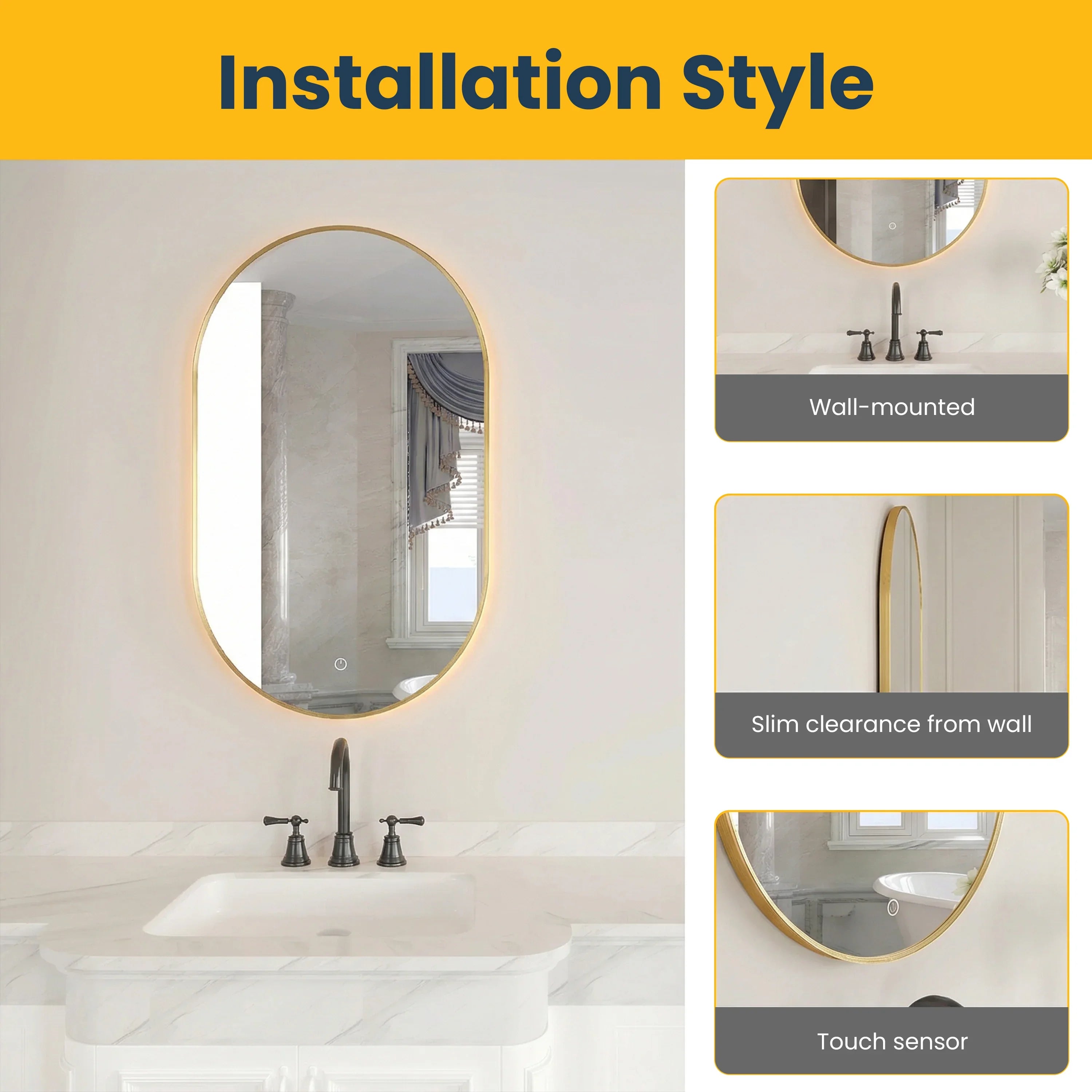 24" x 40" LED Oval Bathroom Mirror with Brushed Gold Frame