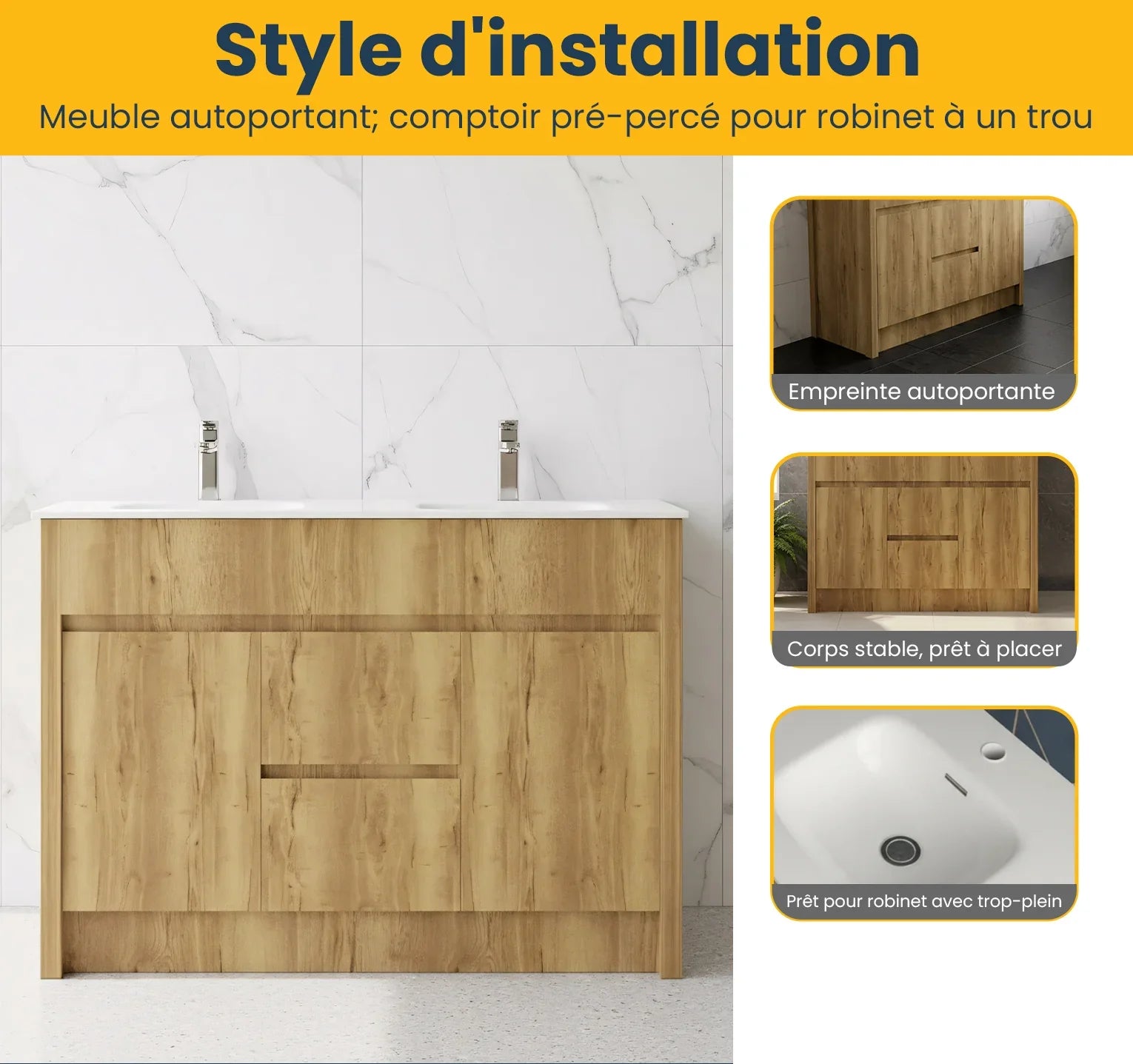 48" Frosted Oak Freestanding Double Sink Bathroom Vanity with White Ceramic Countertop