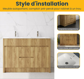 Meuble-Lavabo Autoportant 48po Chêne Givré avec Comptoir de Céramique Blanc
