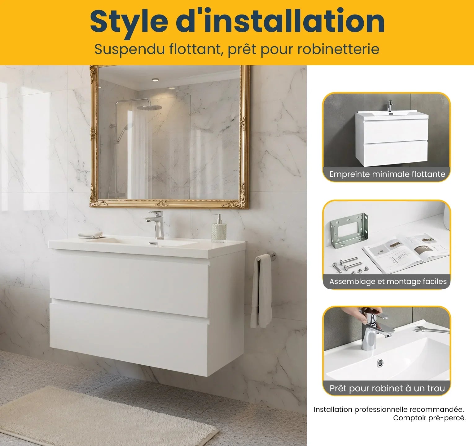 Meuble-Lavabo Mural 30po Blanc Brillant avec Comptoir de Polymarbre Blanc 