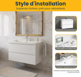 Meuble-Lavabo Mural 30po Blanc Brillant avec Comptoir de Polymarbre Blanc 