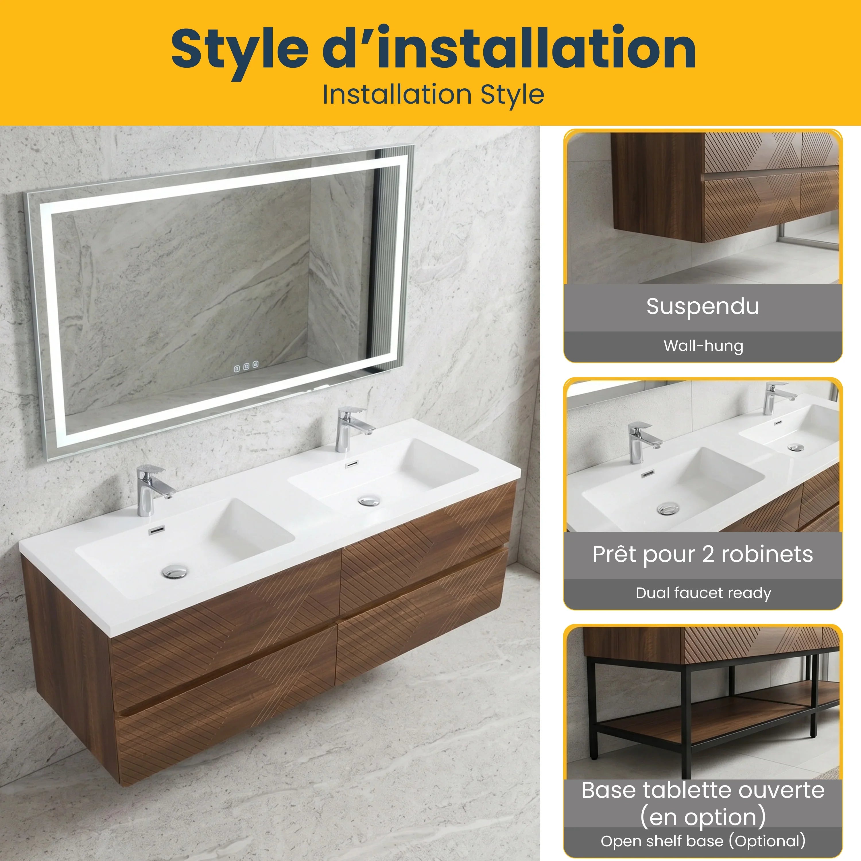 Meuble-Lavabo Mural 60po Noyer avec Comptoir de Polymarbre Blanc