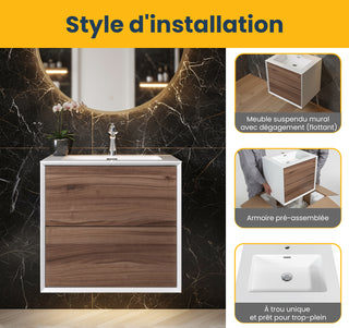 24" Walnut Wall Mount Vanity with White Polymarble Countertop