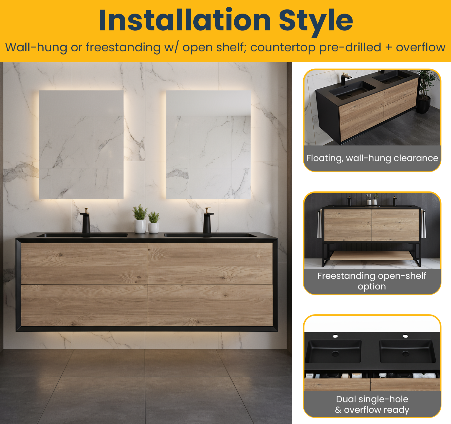 60" Black & Rough Oak Wall Mount Double Sink Bathroom Vanity with Black Engineered Quartz Countertop