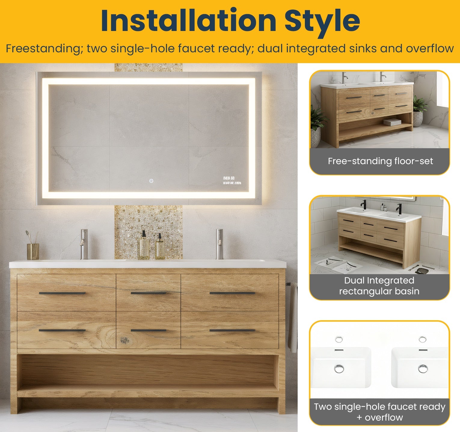 72" Rough Oak Freestanding Double Sink Bathroom Vanity with White Polymarble Countertop